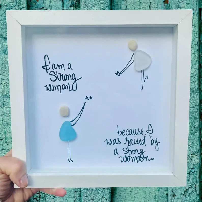 Sea Glass Art Shadow Box: Strong Woman Gift, Mother's Day, 8x8 Framed