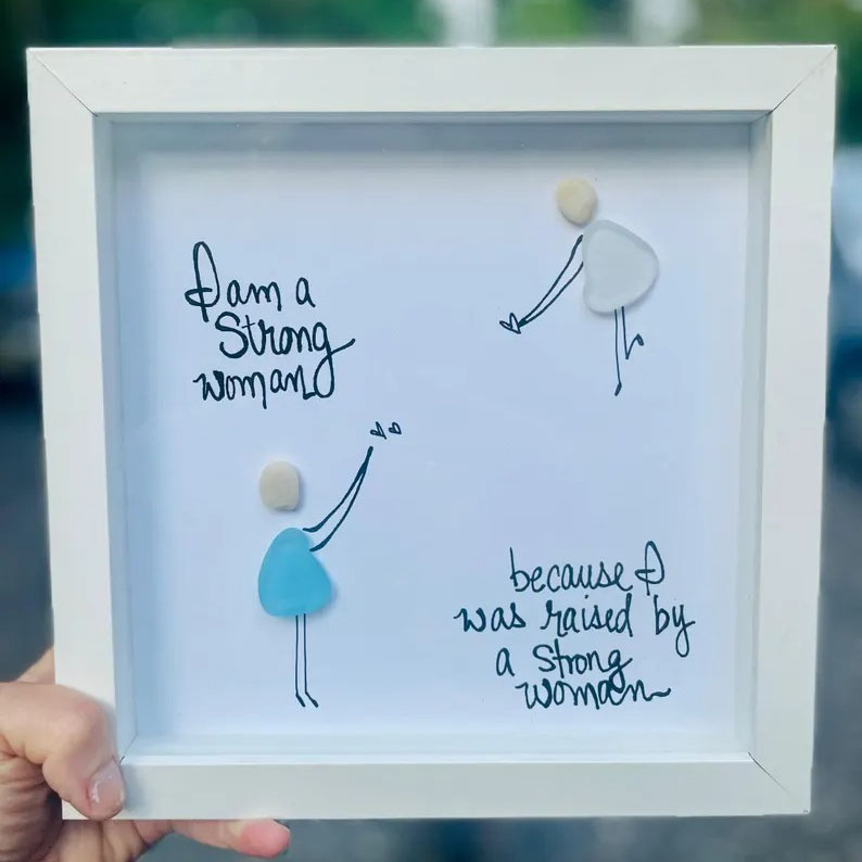 Sea Glass Art Shadow Box: Strong Woman Gift, Mother's Day, 8x8 Framed