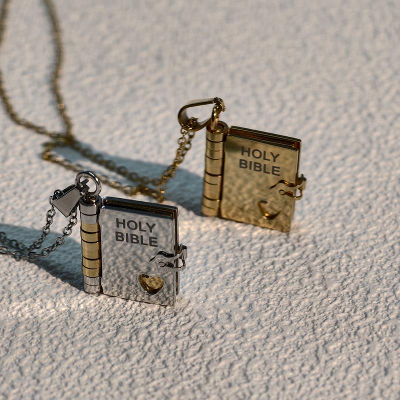 Bible Verse Necklace - Openable Mini Book Pendant Stainless Steel Metal Coating Delicate Design Scripture Engraving Classic Verses Daily Reminder Faith Style