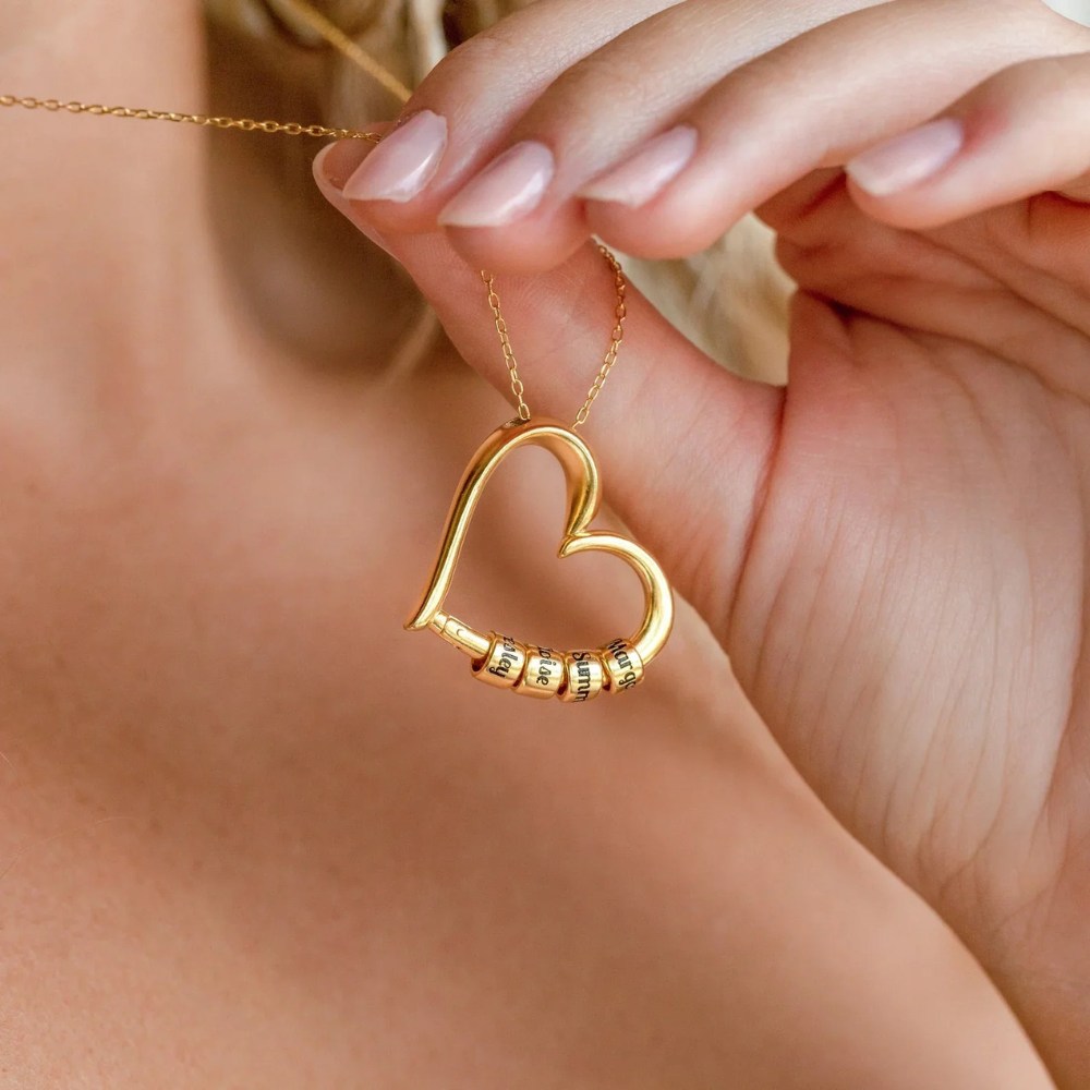 Charming Heart Necklace with Engraved Name Beads For Mum