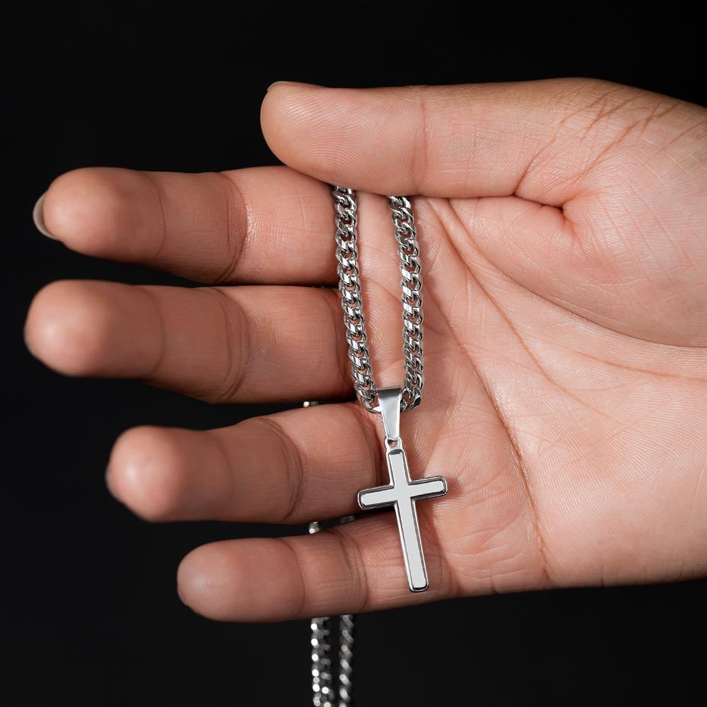To My Bonus Son - "My Family Forever" Artisan Cross Cuban Link Chain