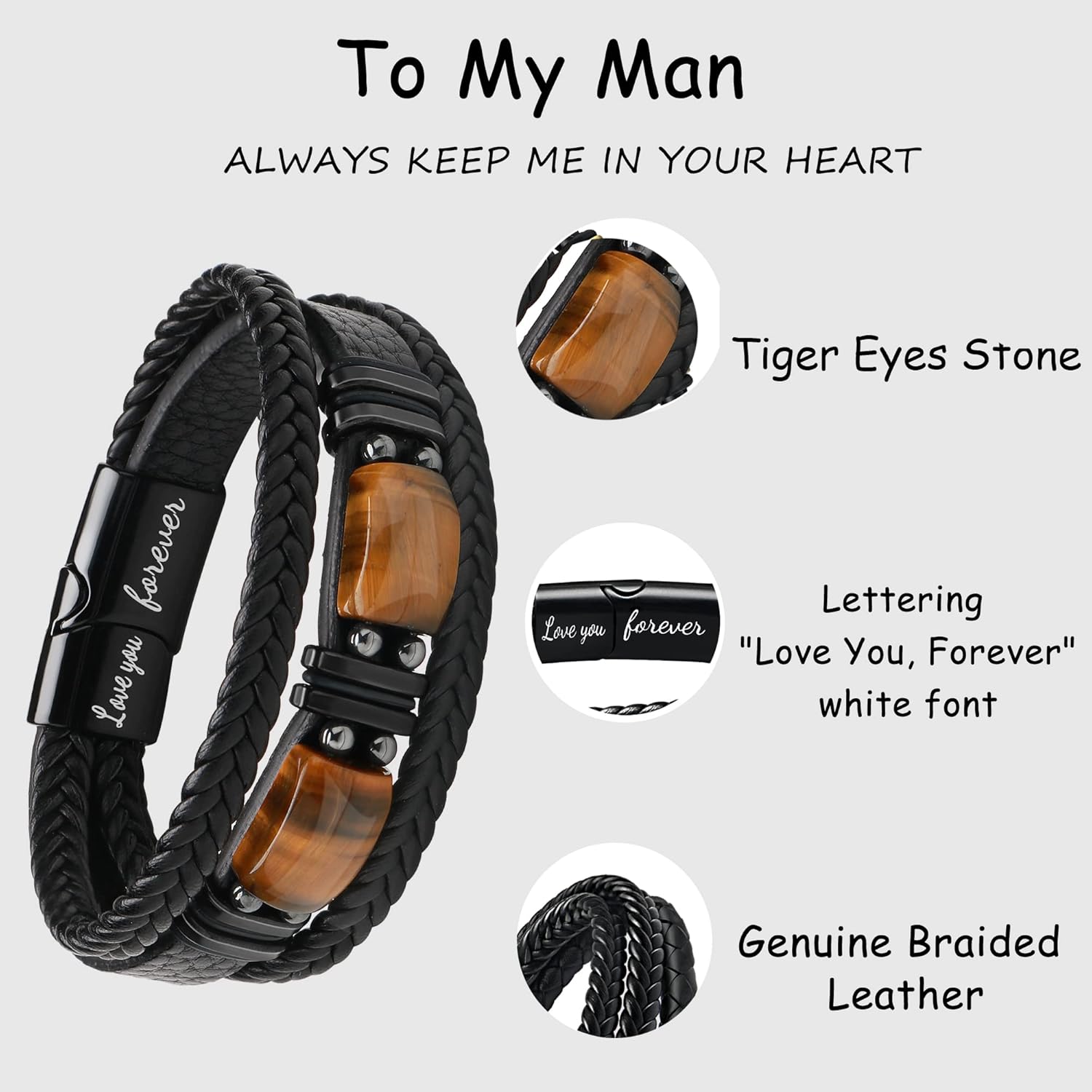 𝗚𝗶𝗳𝘁𝘀 𝗳𝗼𝗿 𝗠𝗲𝗻 𝗟𝗲𝗮𝘁𝗵𝗲𝗿 𝗕𝗿𝗮𝗰𝗲𝗹𝗲𝘁 With Tigers Eye, Anniversary Christmas Father's Day Birthday Gifts for Son Husband Grandson Boyfriend Brother Dad Love You Forever Bracelets for Men
