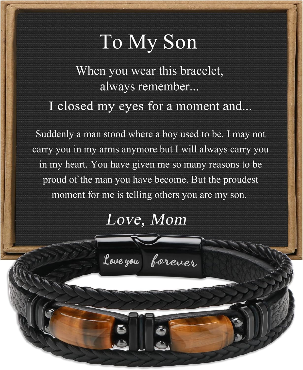 𝗚𝗶𝗳𝘁𝘀 𝗳𝗼𝗿 𝗠𝗲𝗻 𝗟𝗲𝗮𝘁𝗵𝗲𝗿 𝗕𝗿𝗮𝗰𝗲𝗹𝗲𝘁 With Tigers Eye, Anniversary Christmas Father's Day Birthday Gifts for Son Husband Grandson Boyfriend Brother Dad Love You Forever Bracelets for Men