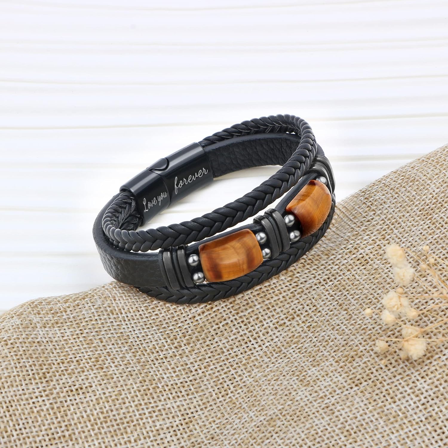 𝗚𝗶𝗳𝘁𝘀 𝗳𝗼𝗿 𝗠𝗲𝗻 𝗟𝗲𝗮𝘁𝗵𝗲𝗿 𝗕𝗿𝗮𝗰𝗲𝗹𝗲𝘁 With Tigers Eye, Anniversary Christmas Father's Day Birthday Gifts for Son Husband Grandson Boyfriend Brother Dad Love You Forever Bracelets for Men