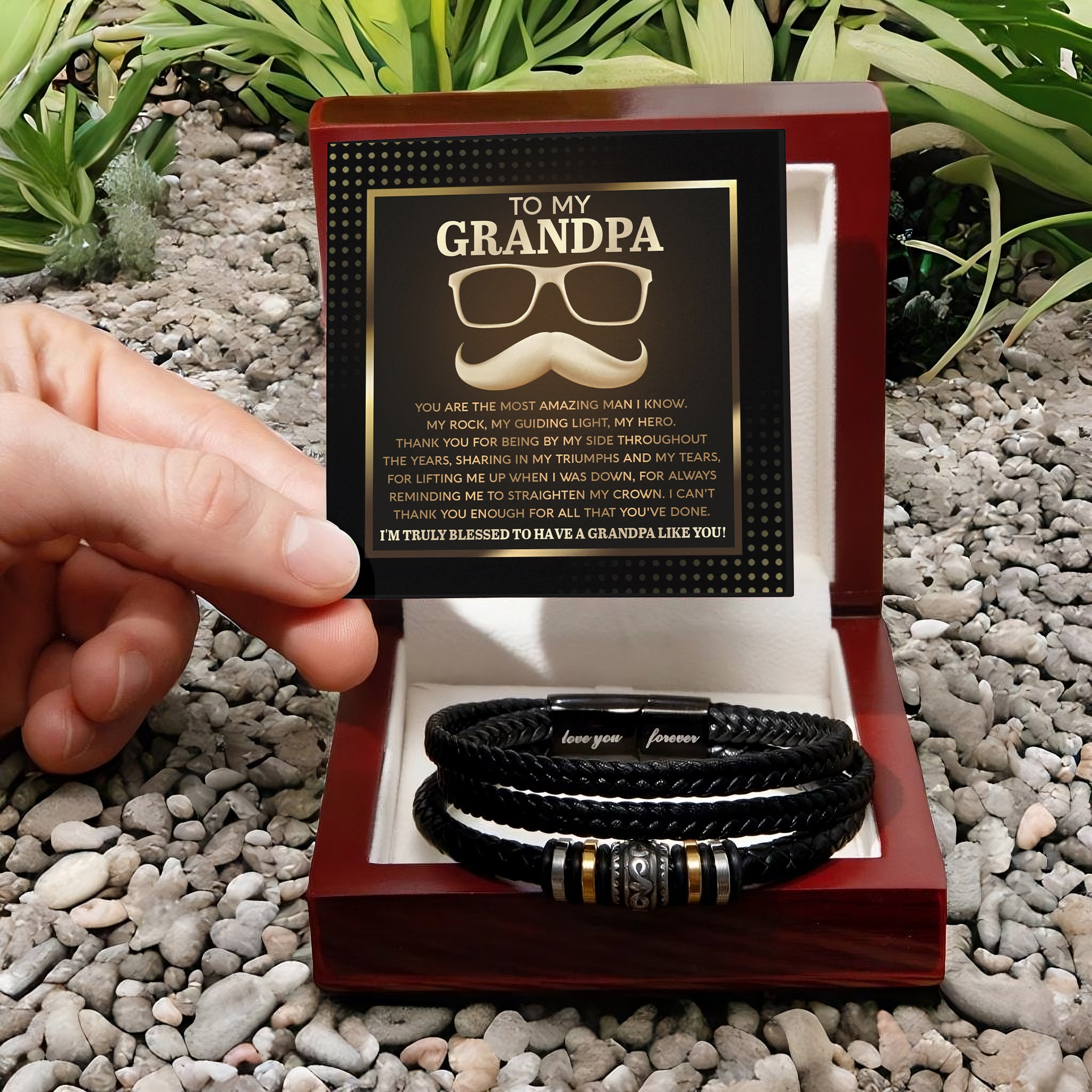 To My Grandpa - My Rock My Guiding Light My Hero Men's Leather Bracelet