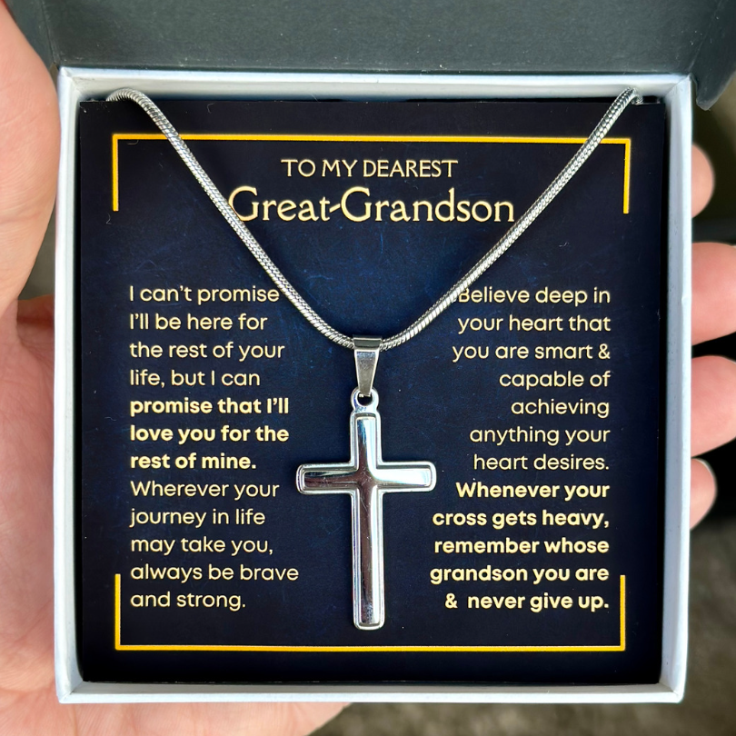 Great-Grandson, Never Give Up - Cross Necklace (GGS06)