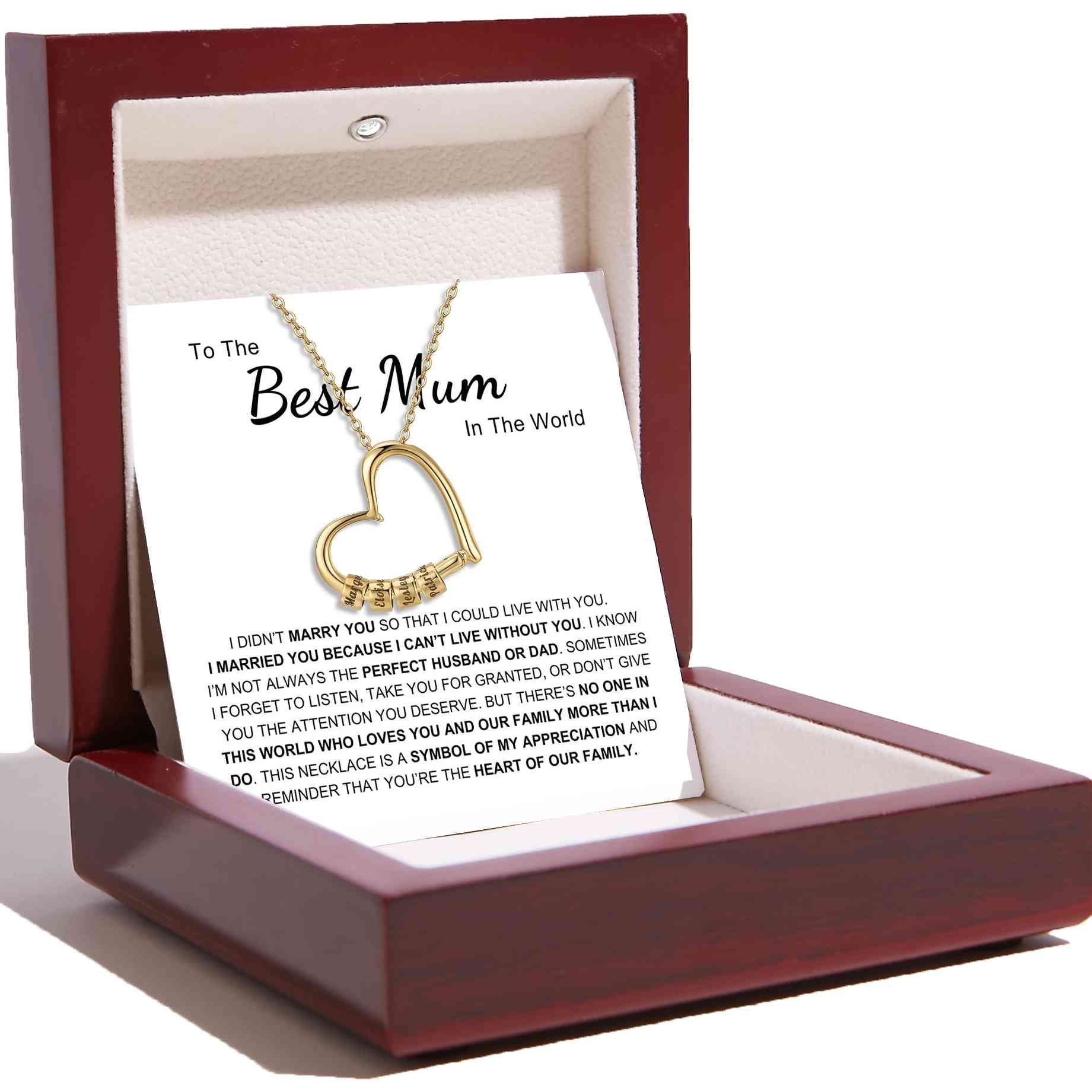Charming Heart Necklace with Engraved Name Beads For Mum