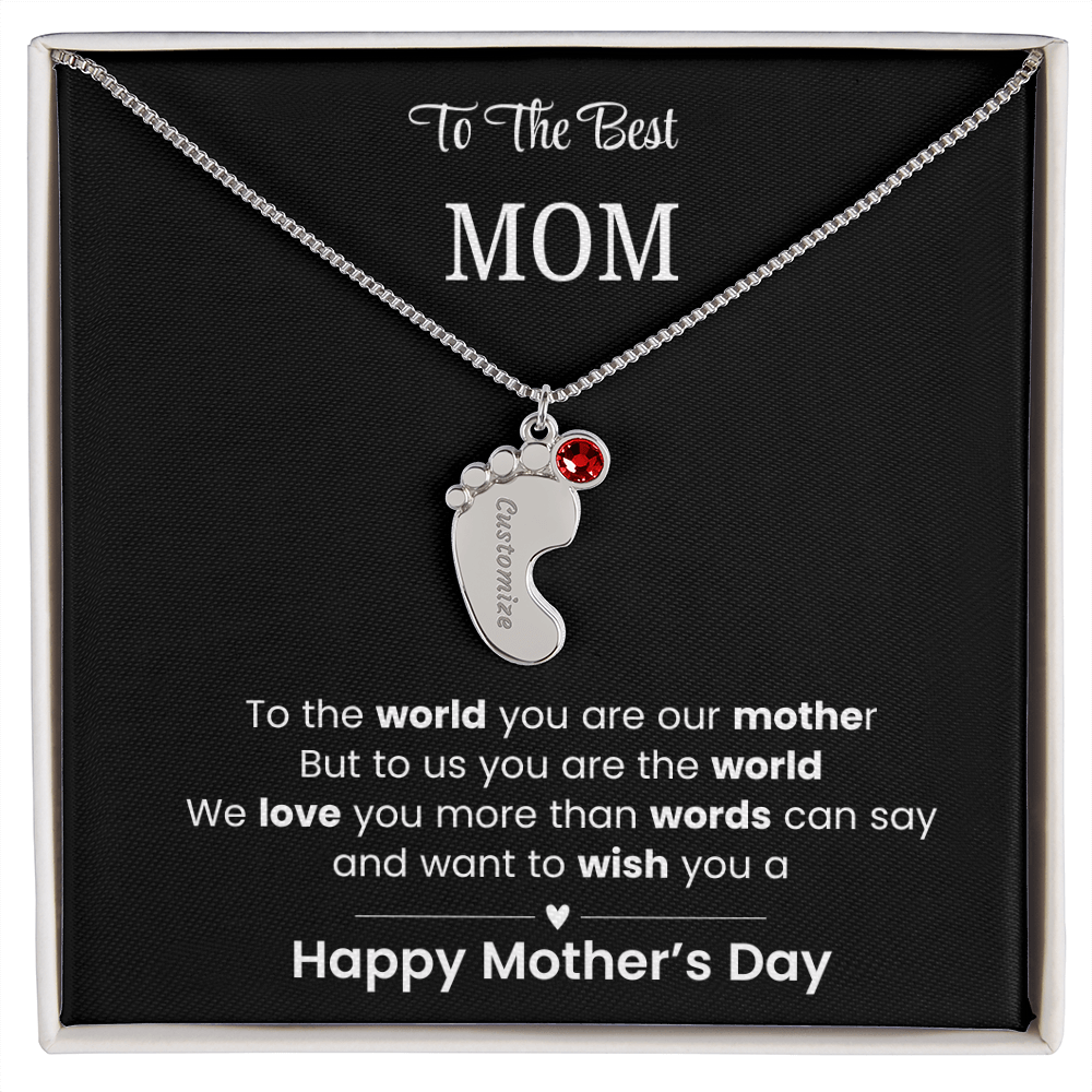 To The Best Mom - Children's Footprint Engraved Birthstone Necklace