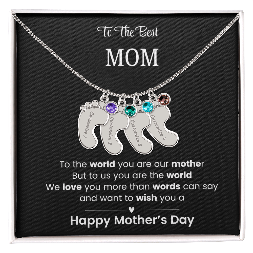 To The Best Mom - Children's Footprint Engraved Birthstone Necklace