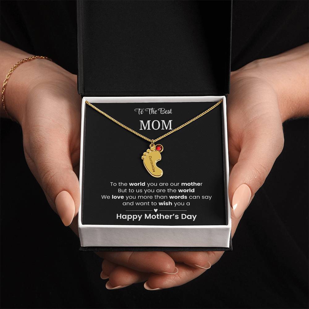To The Best Mom - Children's Footprint Engraved Birthstone Necklace