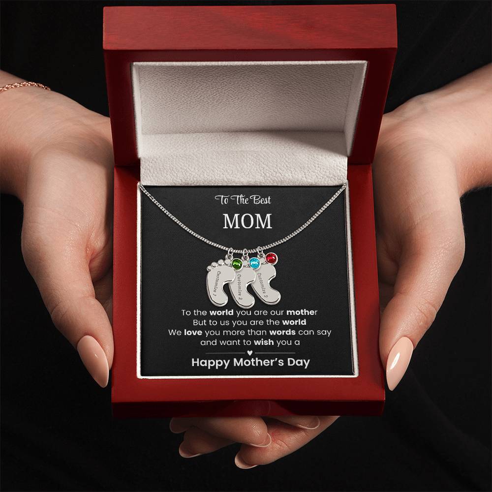 To The Best Mom - Children's Footprint Engraved Birthstone Necklace