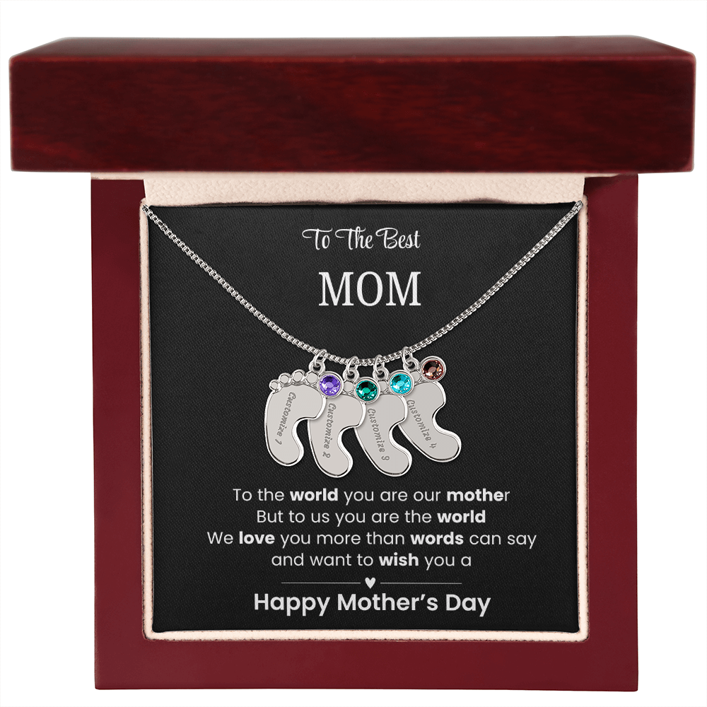 To The Best Mom - Children's Footprint Engraved Birthstone Necklace