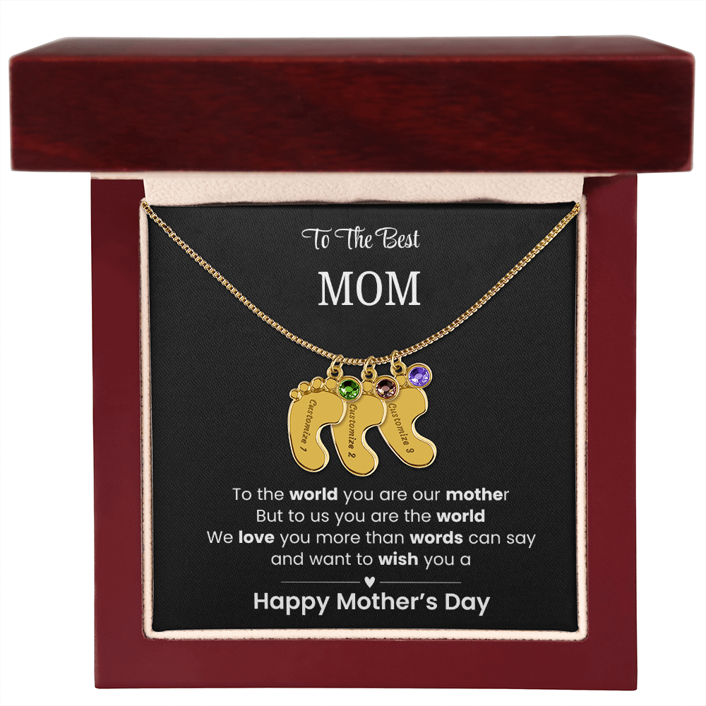 To The Best Mom - Children's Footprint Engraved Birthstone Necklace