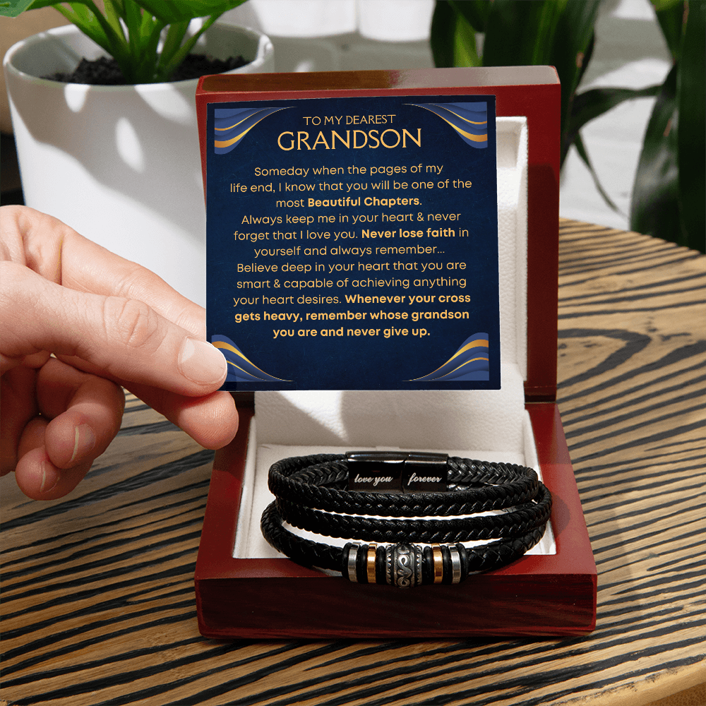 Grandson, Never Give Up - Leather Bracelet (GS74)
