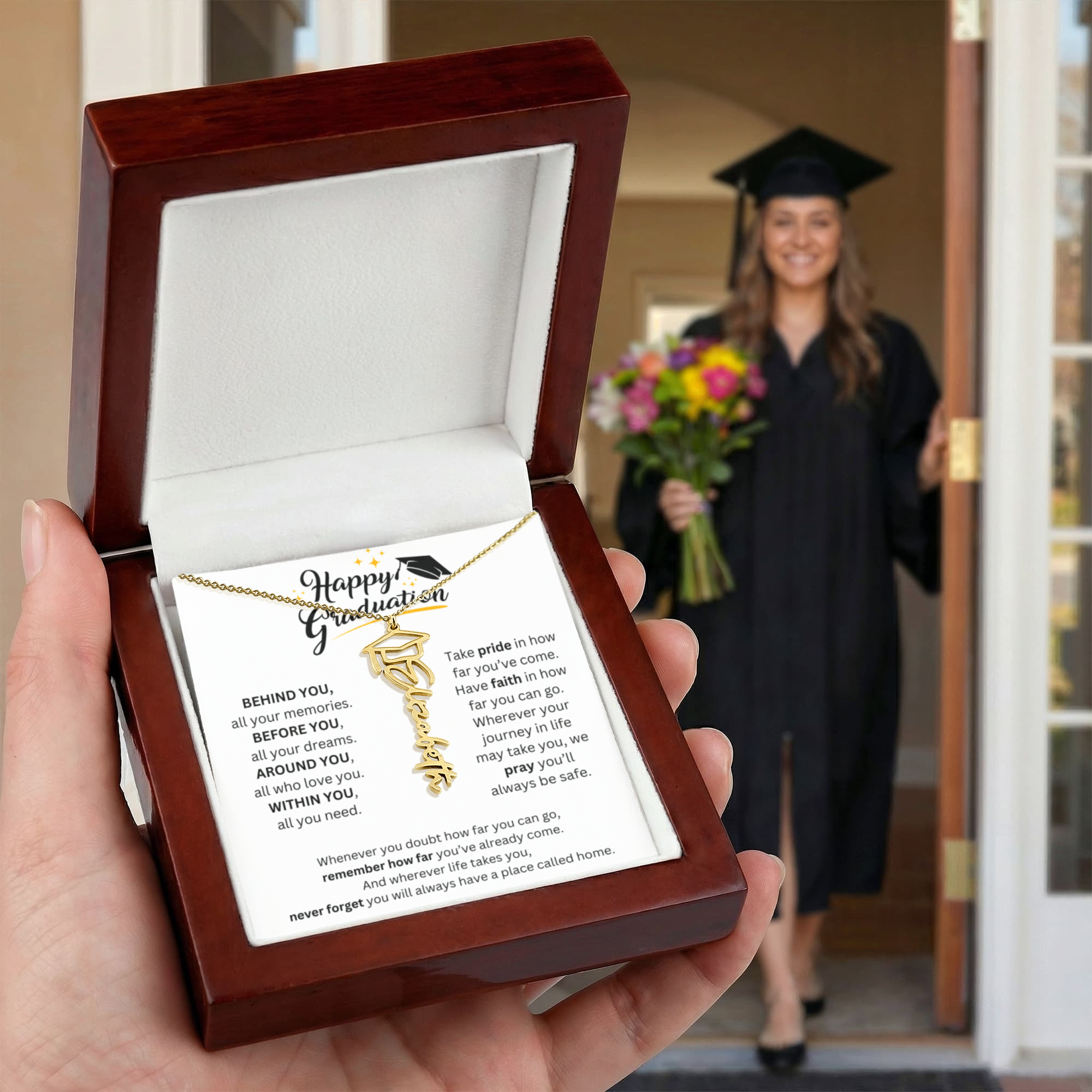 Behind You All Your Memories - Graduation Cap Name Necklace
