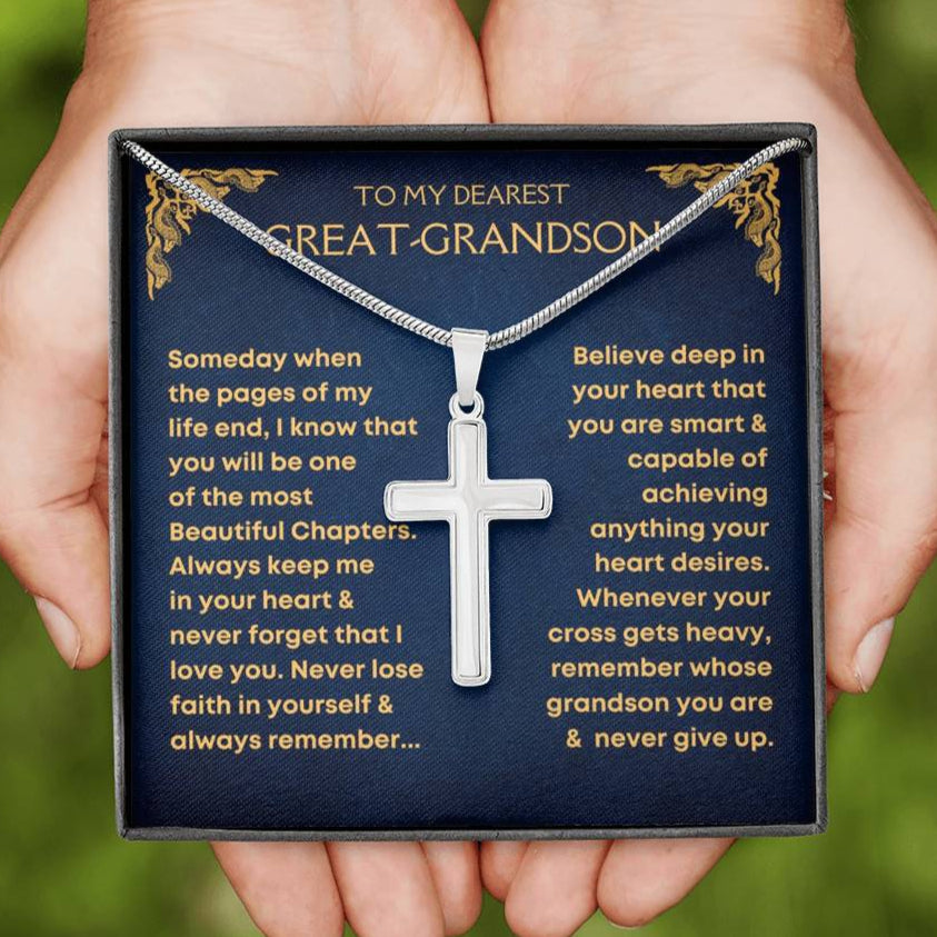 To My Great-Grandson, Never Give Up - Cross Necklace (GGS09)