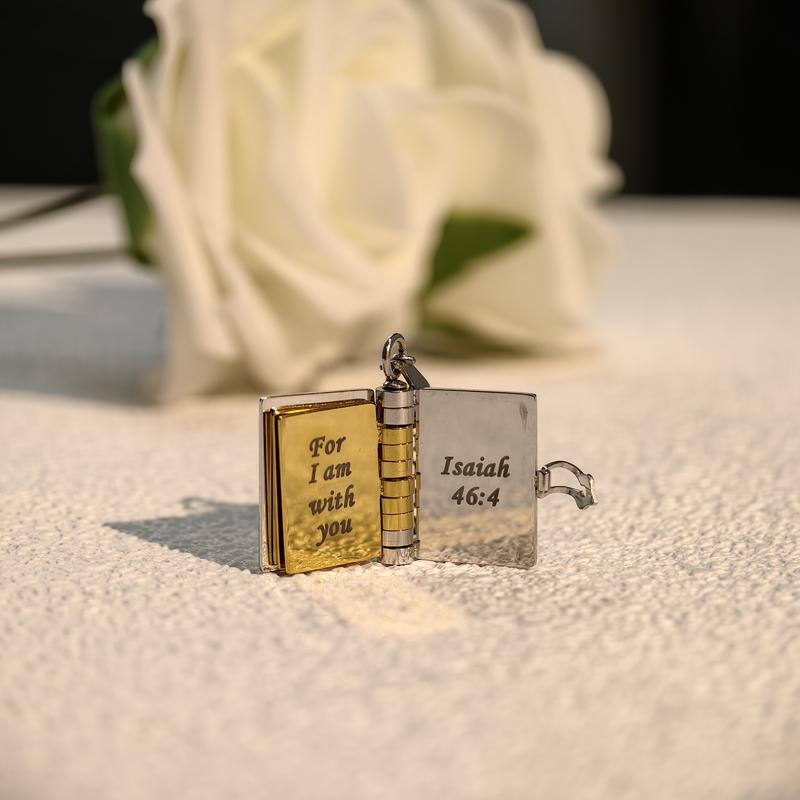 Bible Verse Necklace - Openable Mini Book Pendant Stainless Steel Metal Coating Delicate Design Scripture Engraving Classic Verses Daily Reminder Faith Style