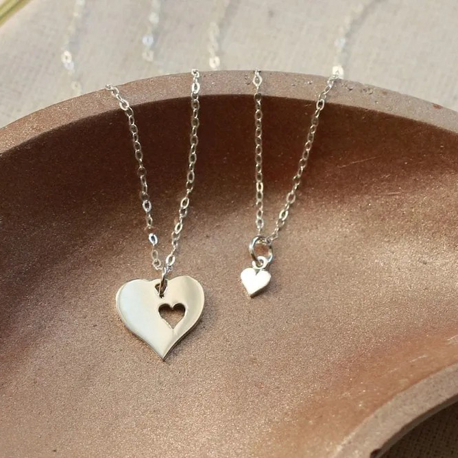 Back to school Gift, matching set of two Heart charm necklaces for mom daughter, separation anxiety