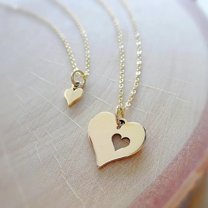 Back to school Gift, matching set of two Heart charm necklaces for mom daughter, separation anxiety