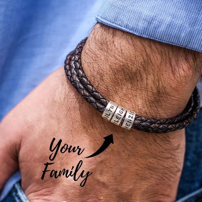 Men Braided Leather Bracelet with Small Custom Beads