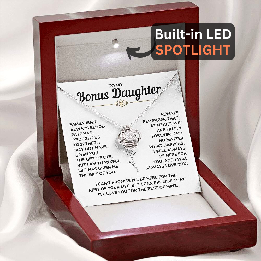 To My Bonus Daughter - "My Family Forever" Love Knot Necklace Gift Set - BD06