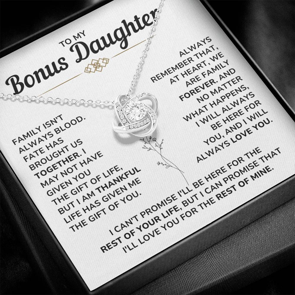 To My Bonus Daughter - "My Family Forever" Love Knot Necklace Gift Set - BD06