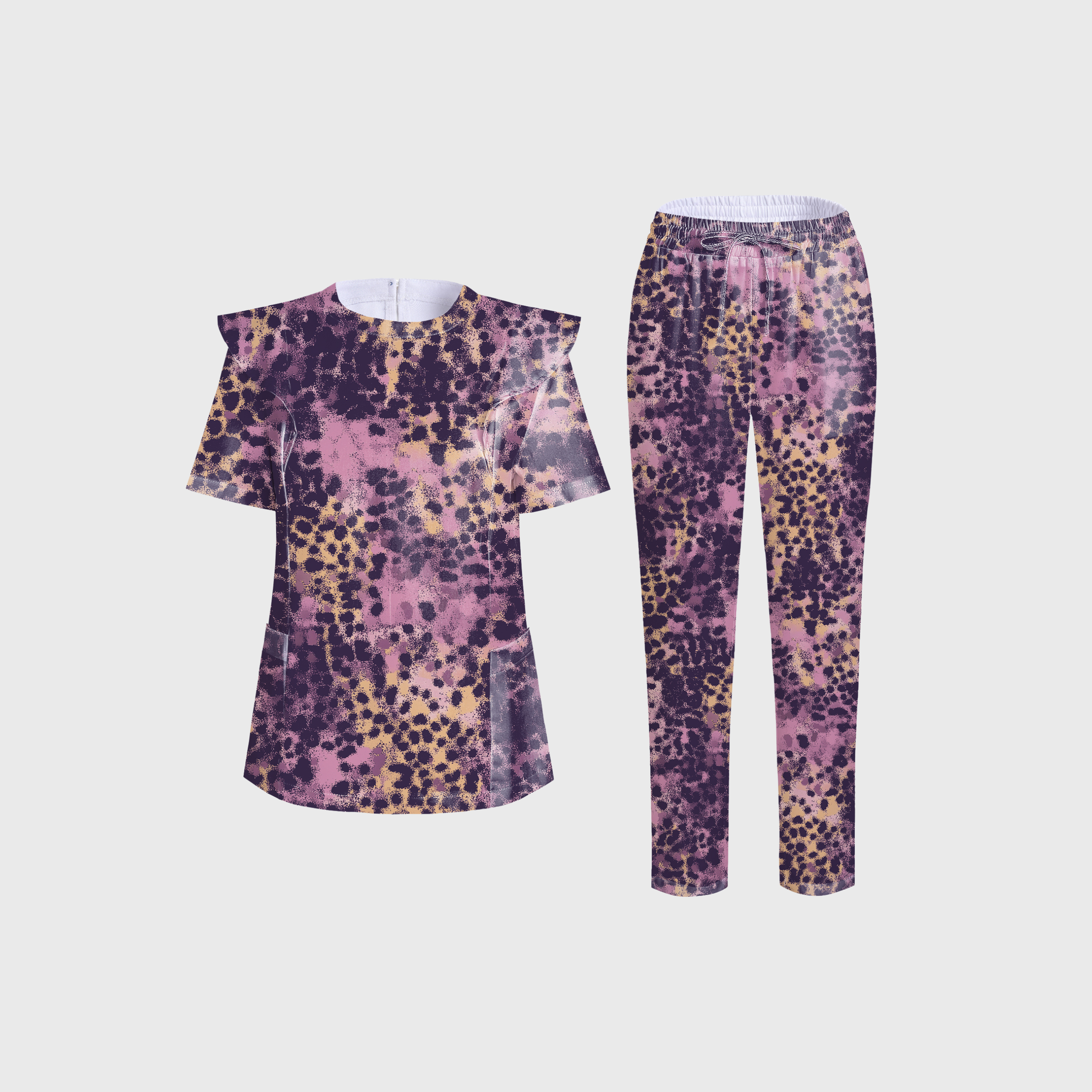 Women's Purple Leopard Printed Scrub Set PT04