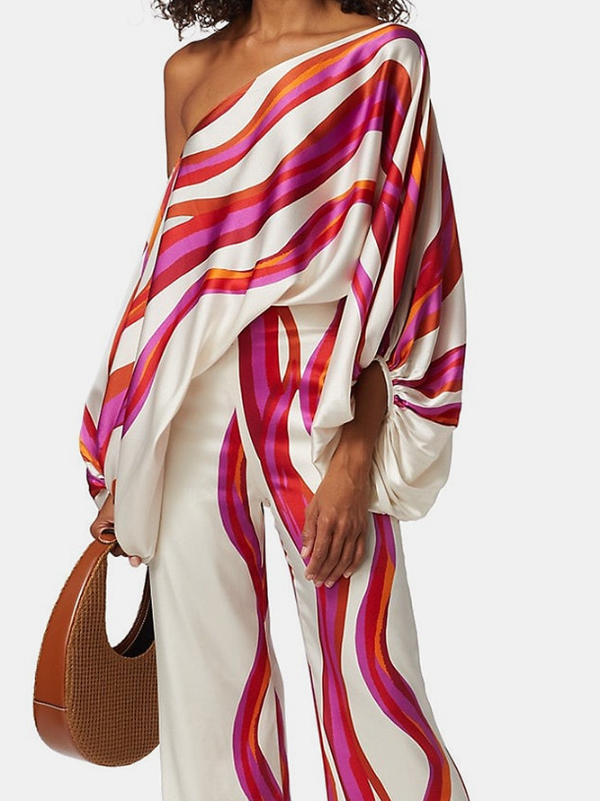 Printed Off-The-Shoulder Blouses &Casual Pants Two Pieces Set