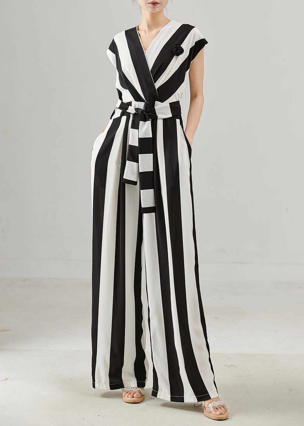 Black White Striped Chiffon Jumpsuits 