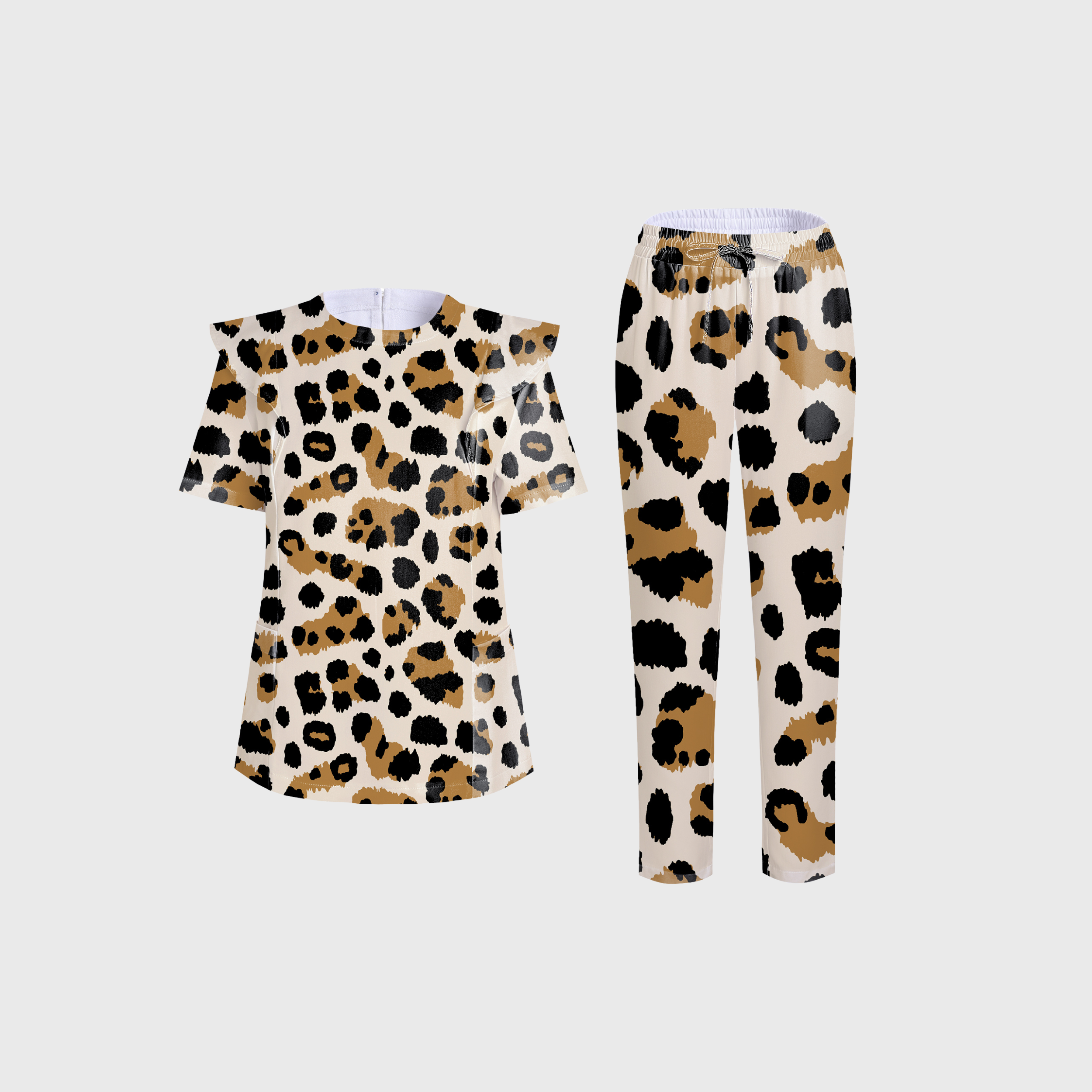 Women's Crew Neck Leopard Printed Scrub Set PT01