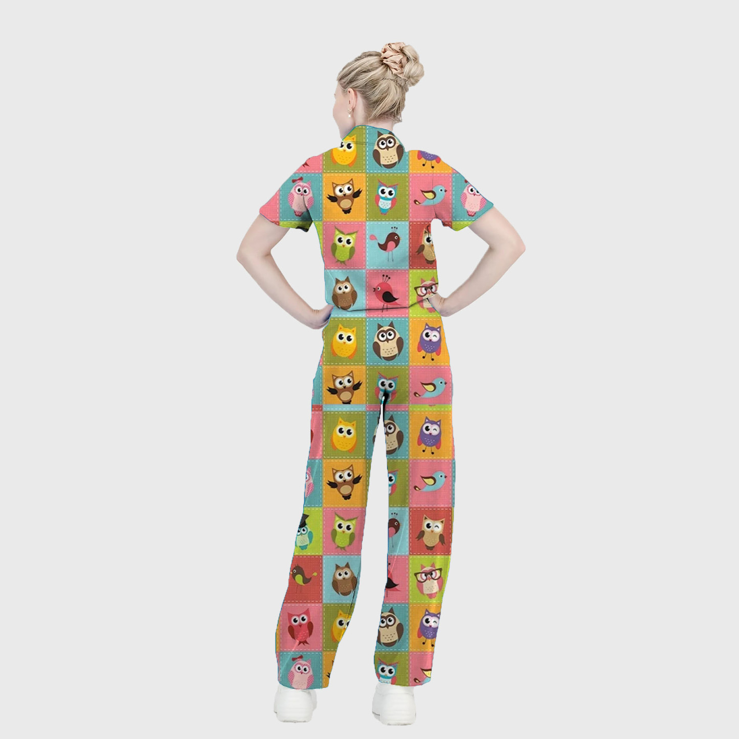 Women's Mandarin Collar Cute Owl Printed Scrub Set ST6192