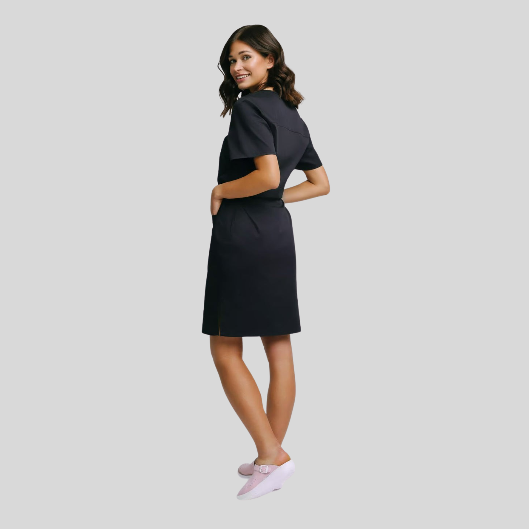 Medical Casual V-Neck Elastic Waist Scrub Dress