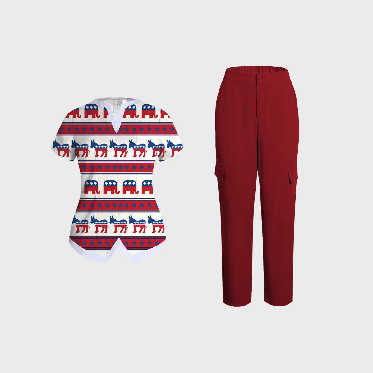 Women's V-neck Independence Day pattern Scrub Set SI04