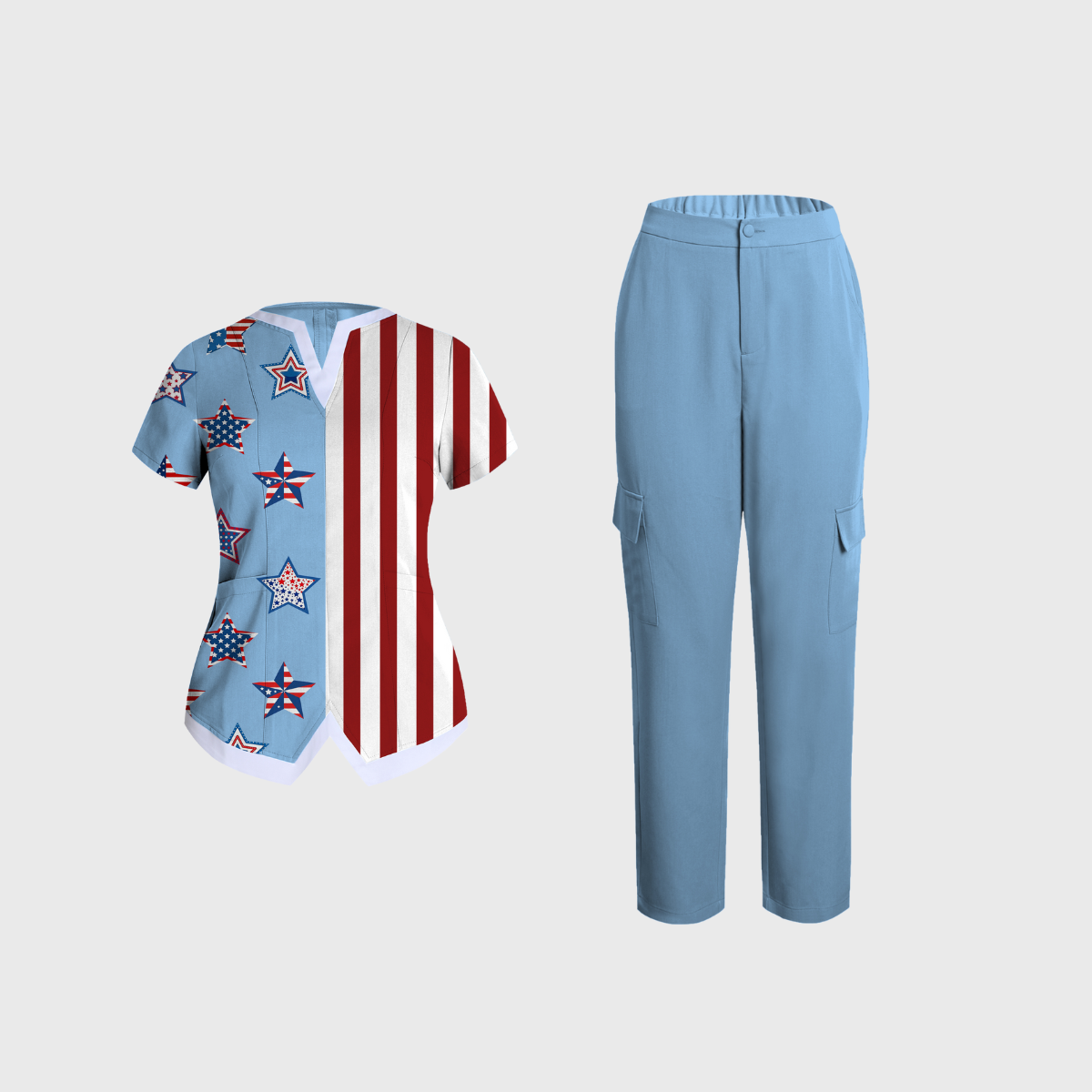 Women's V-neck Independence Day pattern Scrub Set SI06