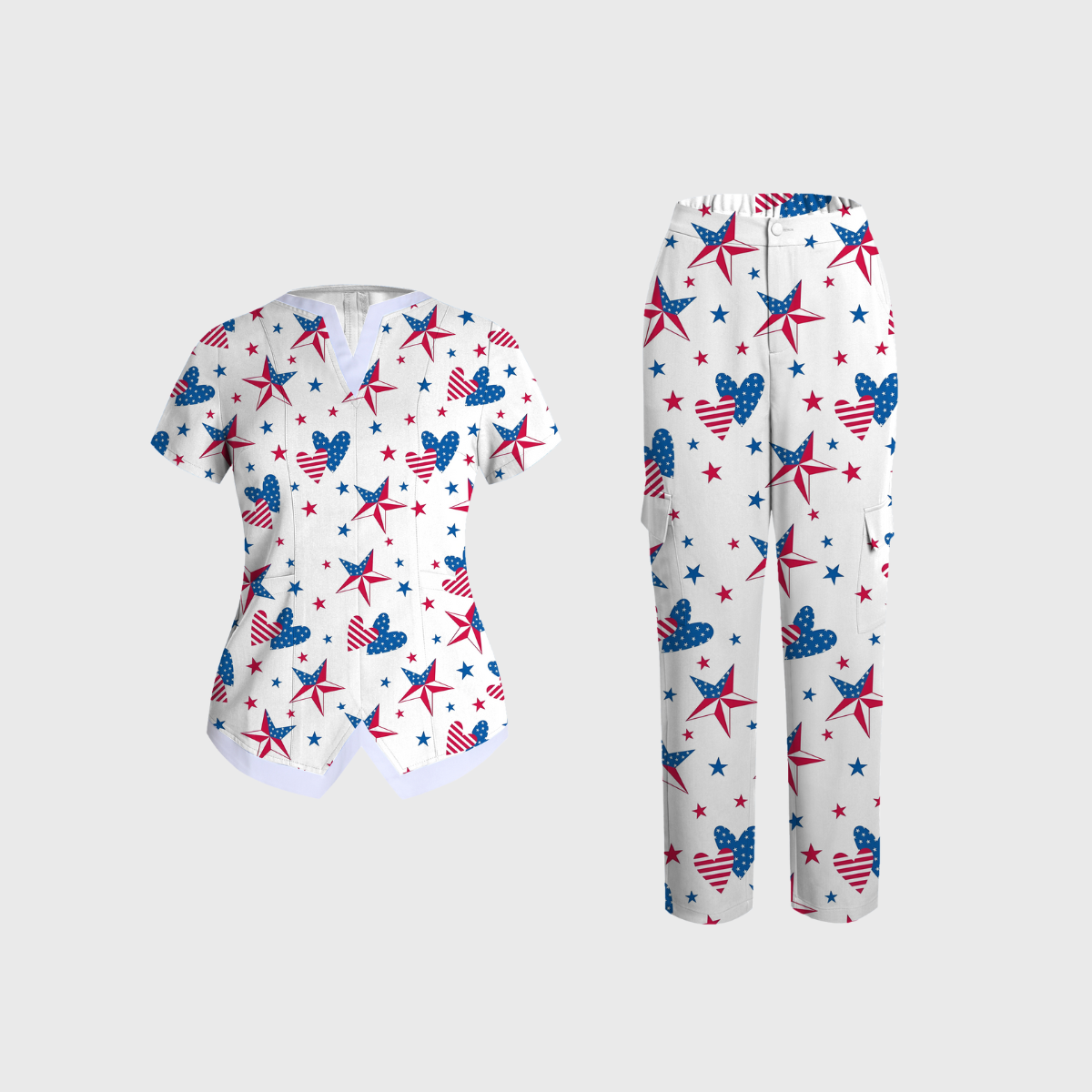 Women's V-neck Independence Day pattern Scrub Set SI03
