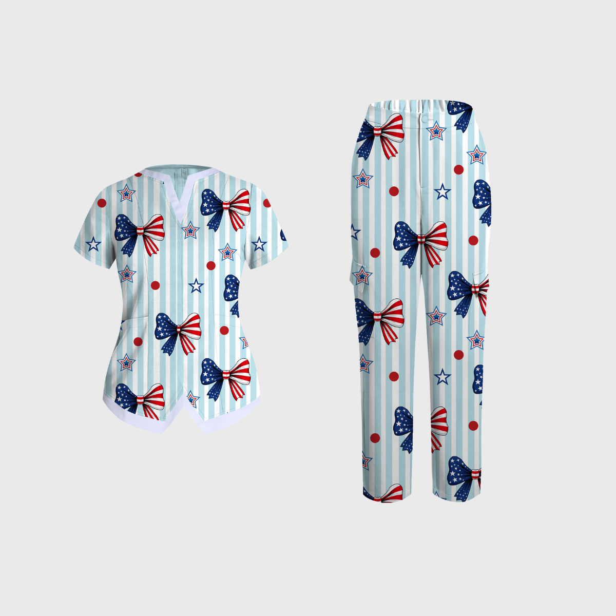 Women's V-neck Independence Day pattern Scrub Set SI02