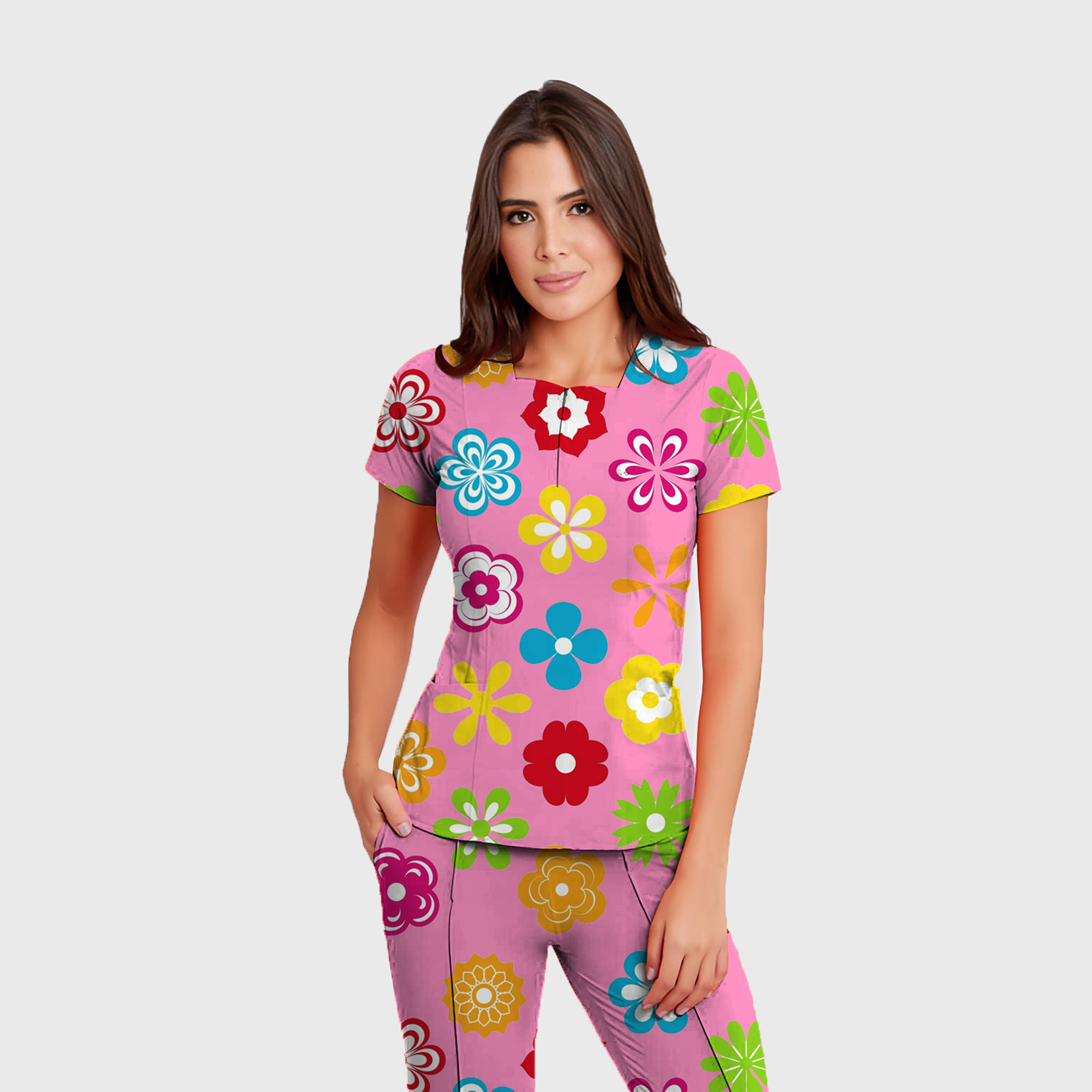 Women's Colorful Floral Pattern Scrub Set ST6195