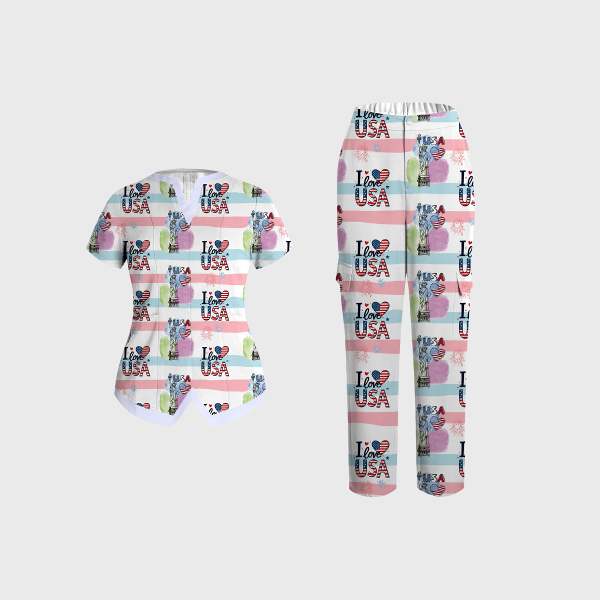 Women's V-neck Independence Day pattern Scrub Set SI07