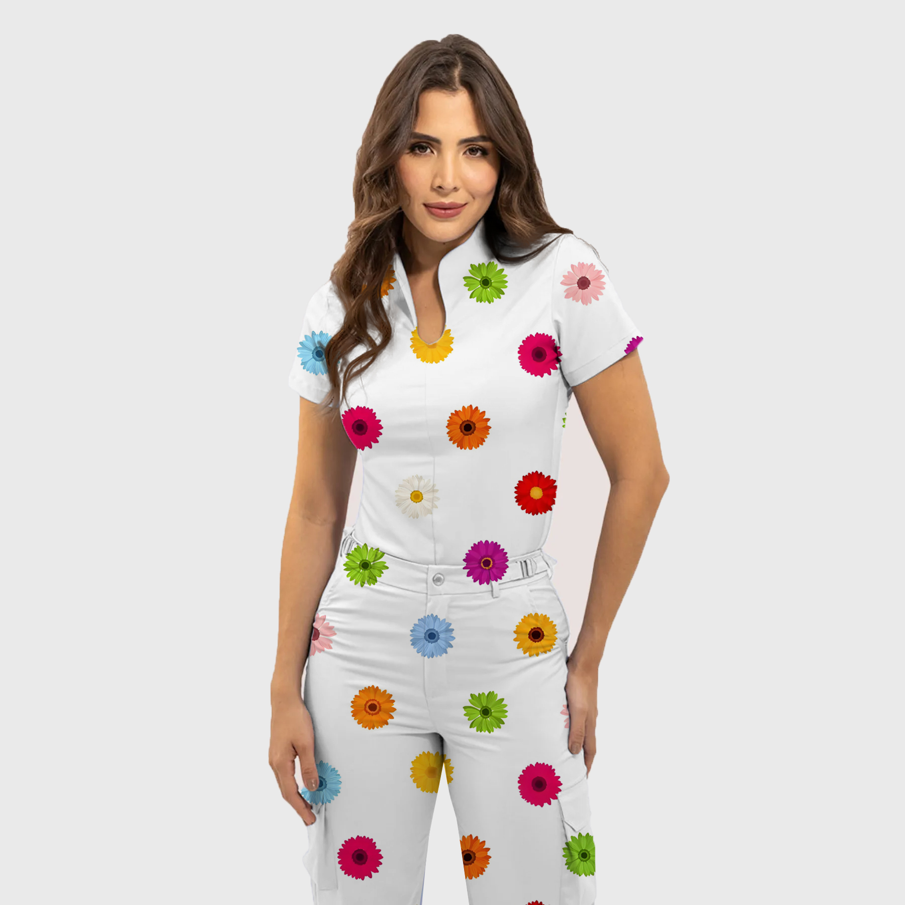 Women's Colorful Daisy Pattern Scrub Set ST6196