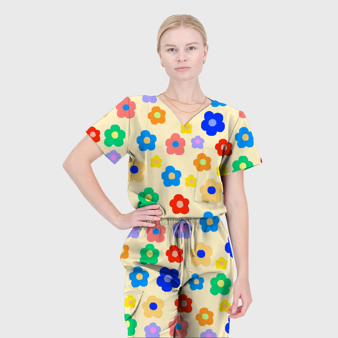 Women's Summer Blooms Printed Scrub Set ST6198