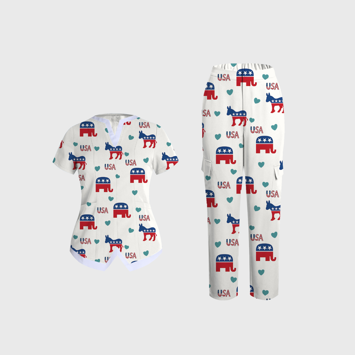 Women's V-neck Independence Day pattern Scrub Set SI01