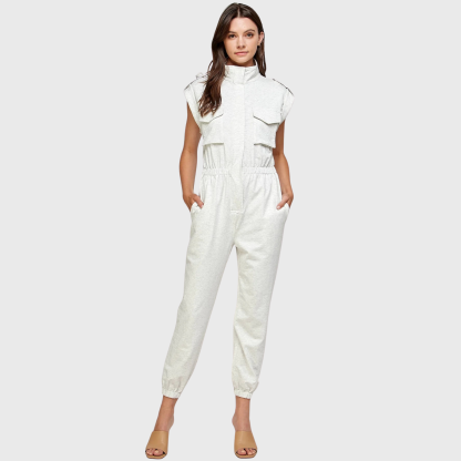 Women's High Neck Folded Sleeves with Epaulettes Jumpsuit