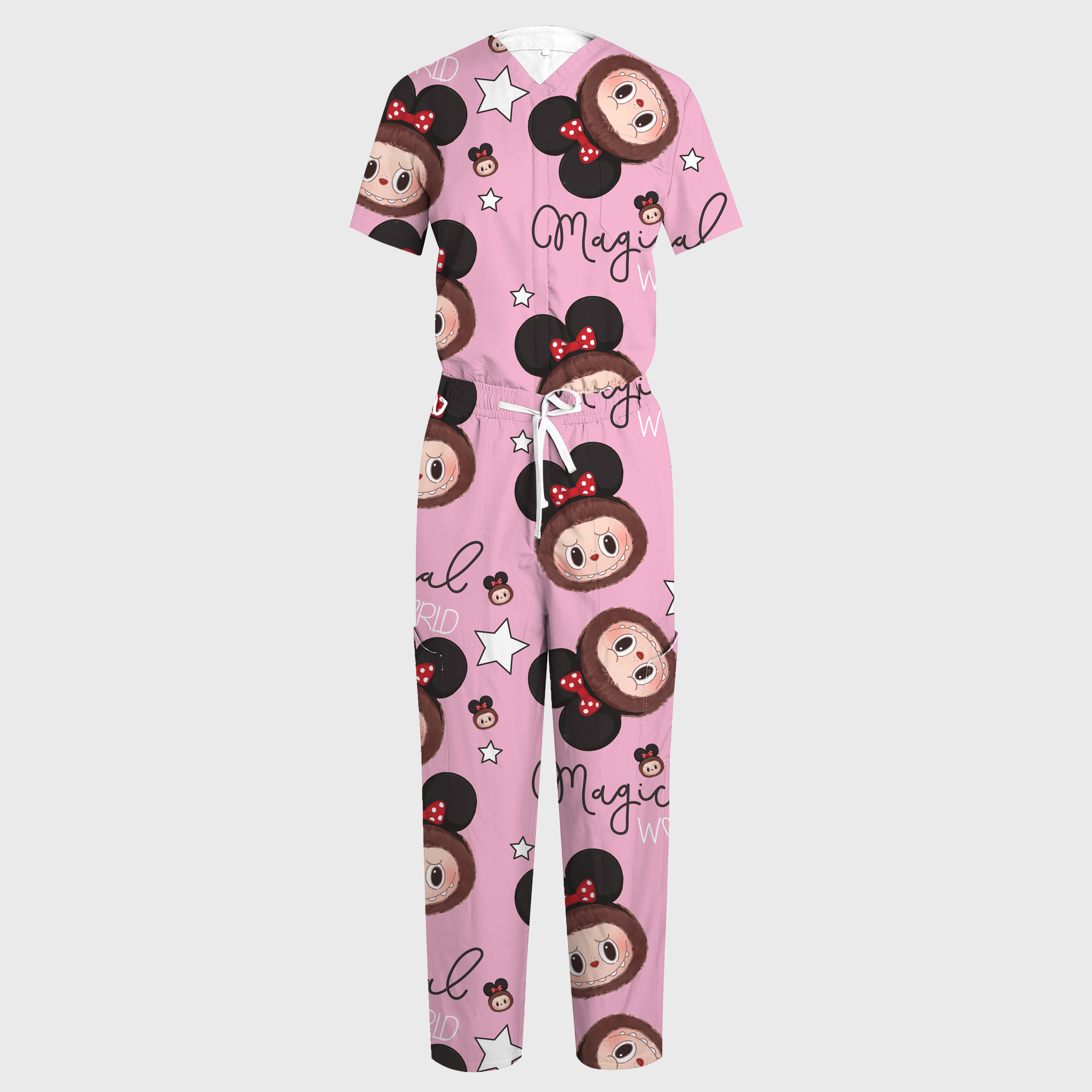 Women's Pink LABUBU V-neck Wide Leg Scrub Jumpsuit