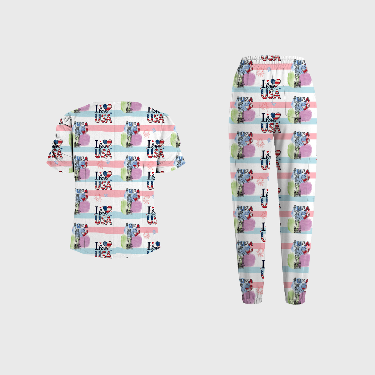 Women's V-Neck Independence Day Printed Scrub Set SI21