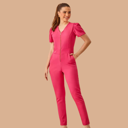 Women's V-neck Puff Sleeve Scrub Jumpsuit