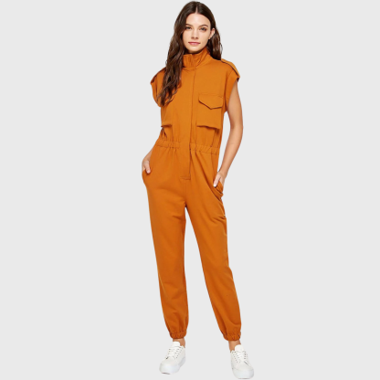 Women's High Neck Folded Sleeves with Epaulettes Jumpsuit