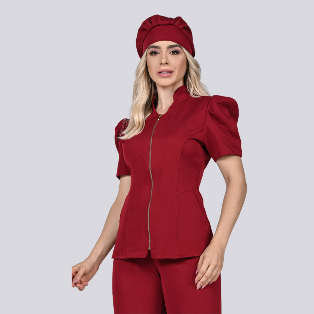 Women's Zippered Puff Sleeve Workwear Scrub Top