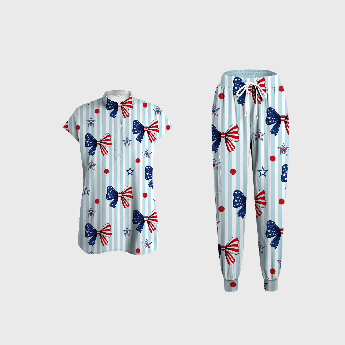 Women's Round Neck Independence Day Printed Scrub Set SI09