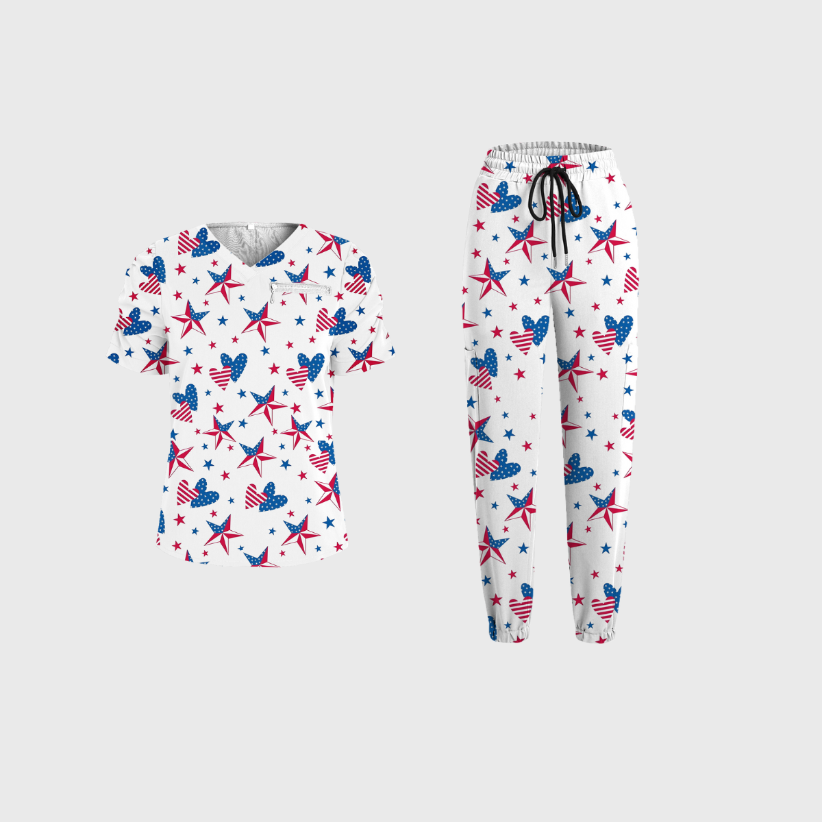 Women's V-Neck Independence Day Printed Scrub Set SI16