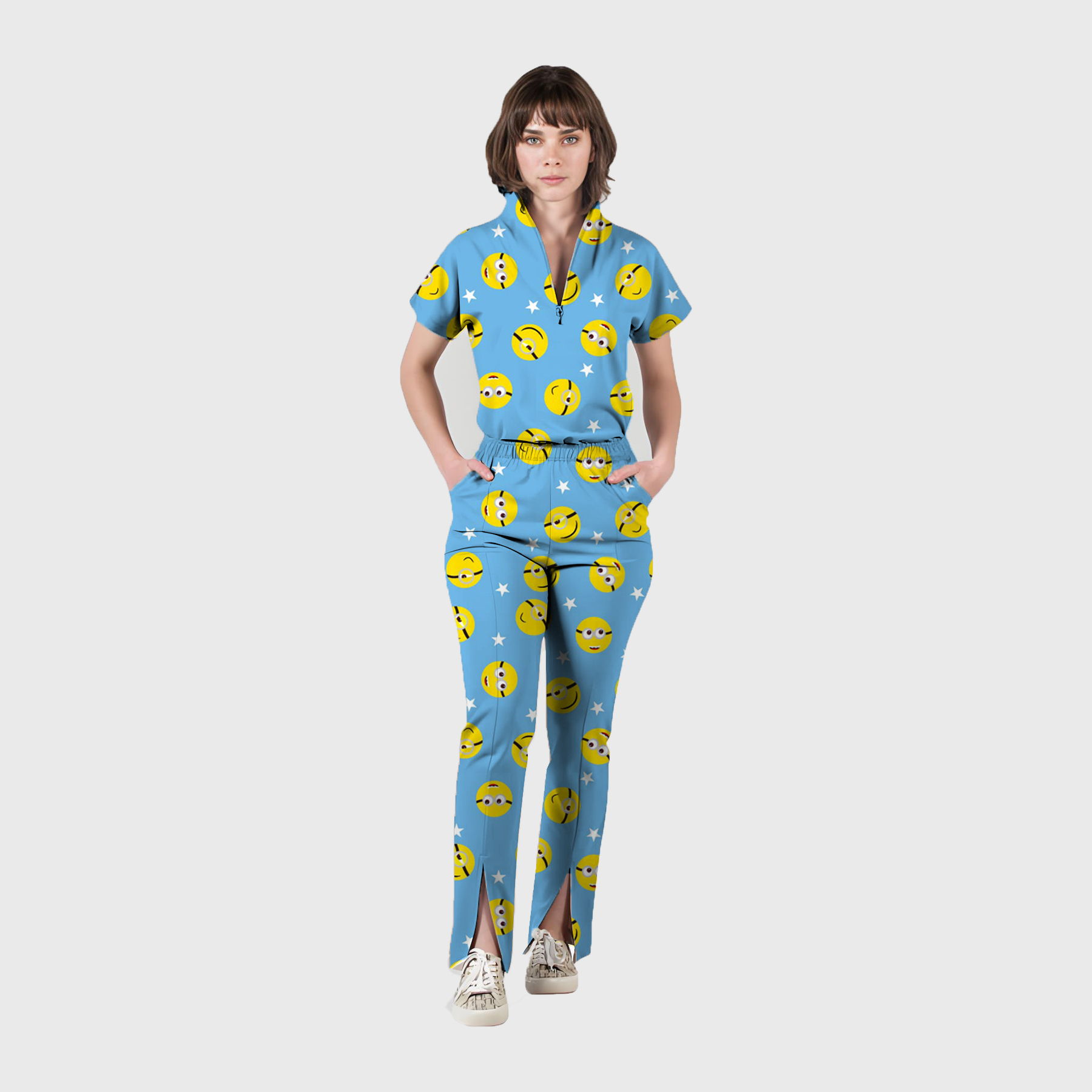 Women's Zip Collar Smiley Face Printed Scrub Set SP10